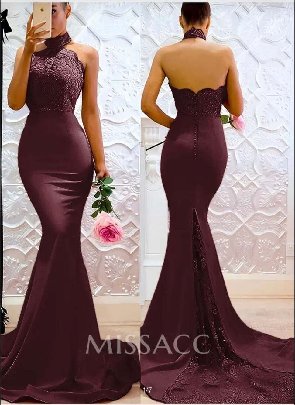 Missacc SBD10505 Burgundy Halter Lace Satin Mermaid Long Prom Dress Size US 6
